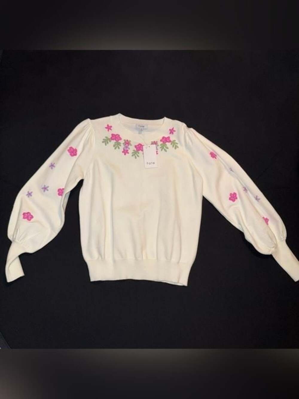 Fate Cream Sweater with Pink Floral Embroidery #123